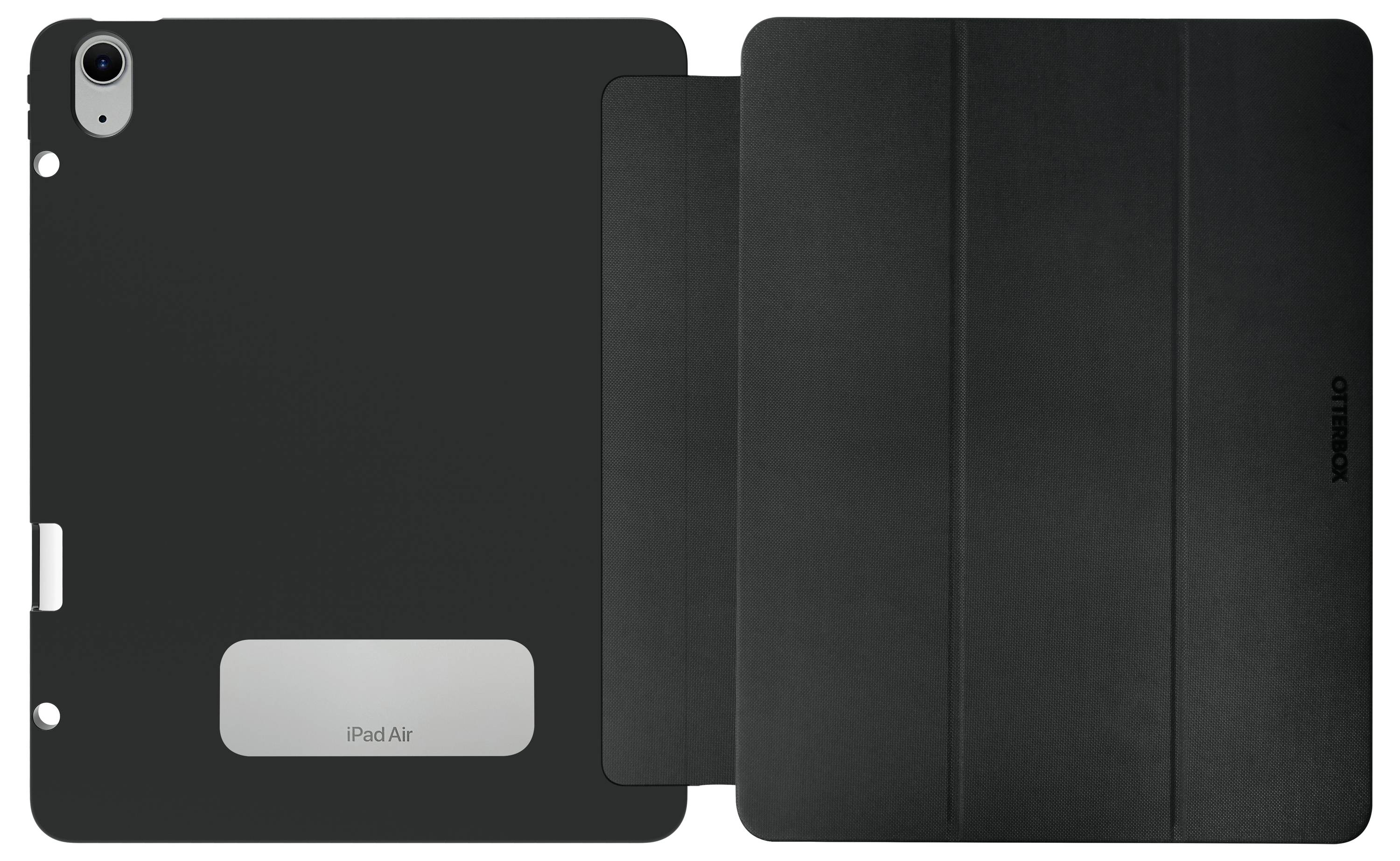 Černý ochranný kryt pro iPad Air, viditelný z přední i zadní strany. Vyroben společností OtterBox, poskytuje stabilitu a ochranu.