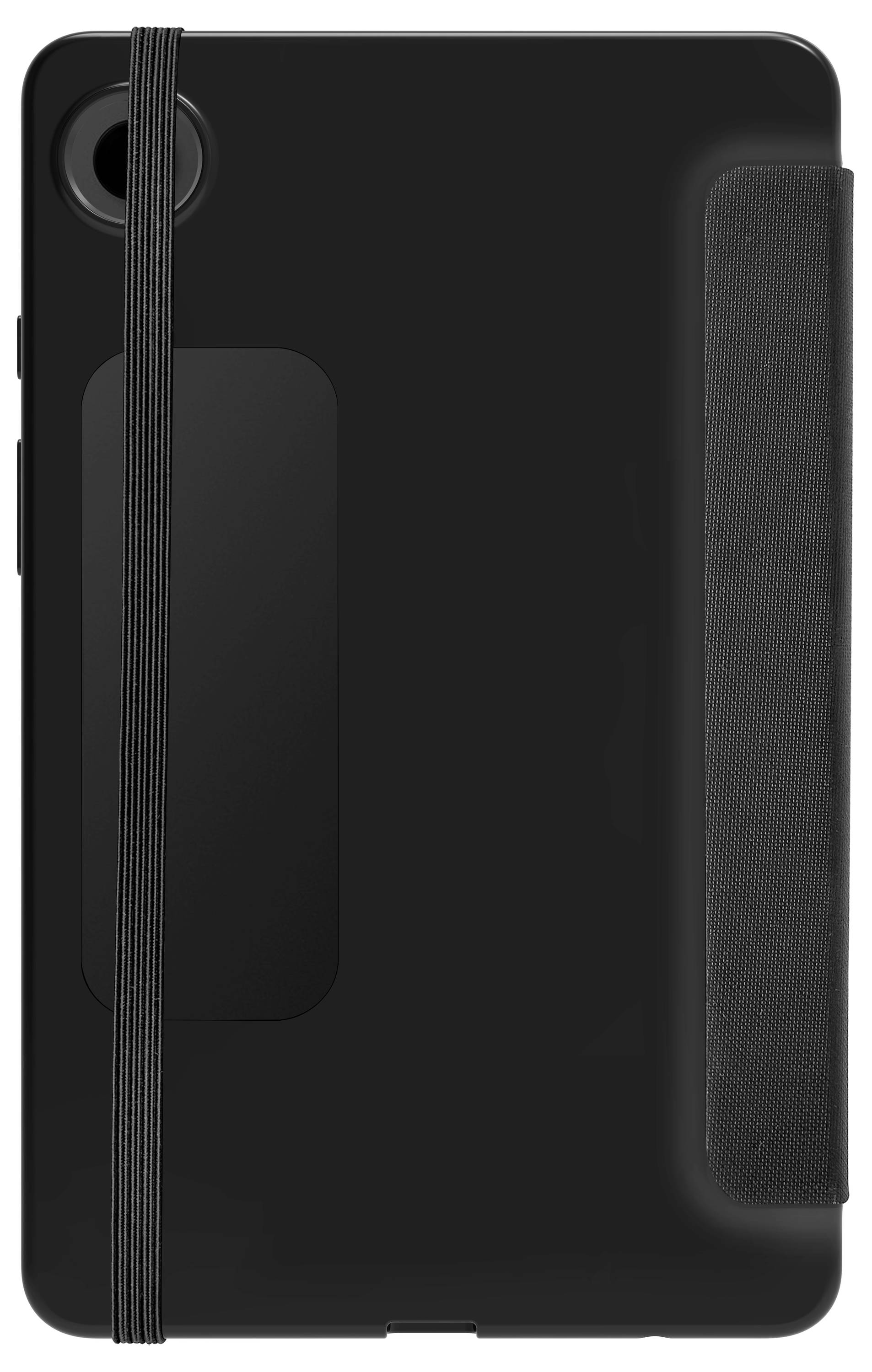 Černý tablet v tmavě šedém obalu, umístěný vertikálně, s gumovou páskou pro zajištění po straně.
