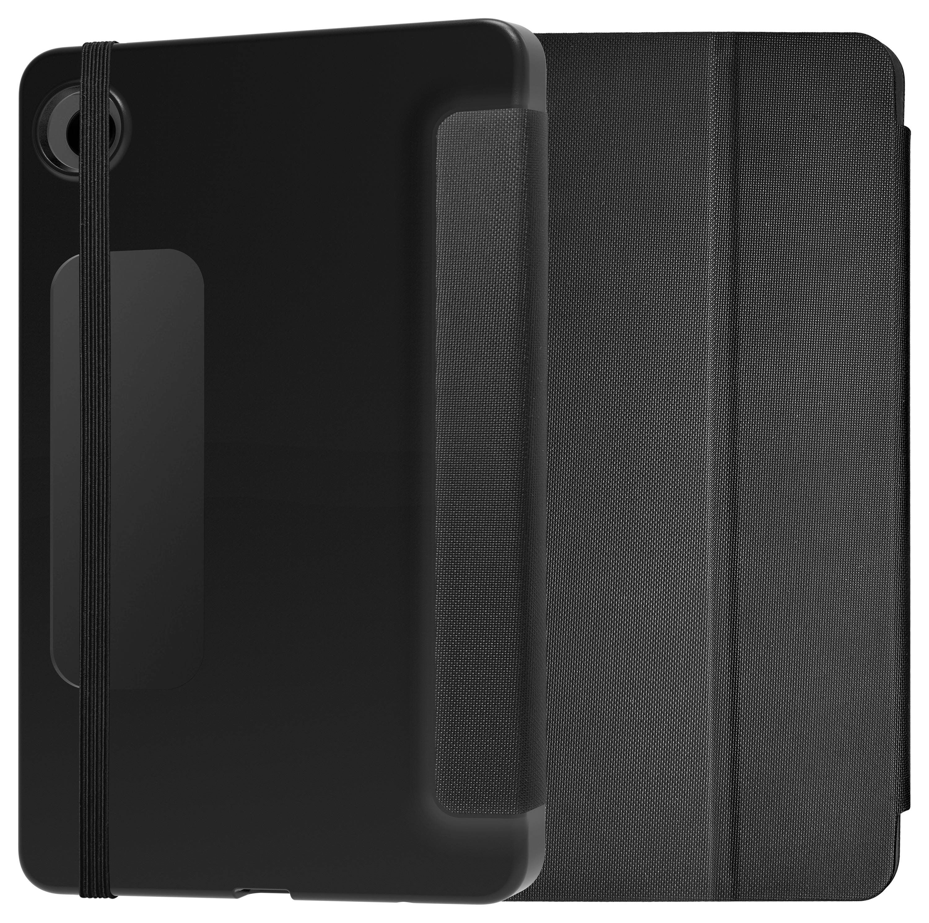 Černý ochranný obal na tablet s elastickým pásem pro uzavření zařízení.
