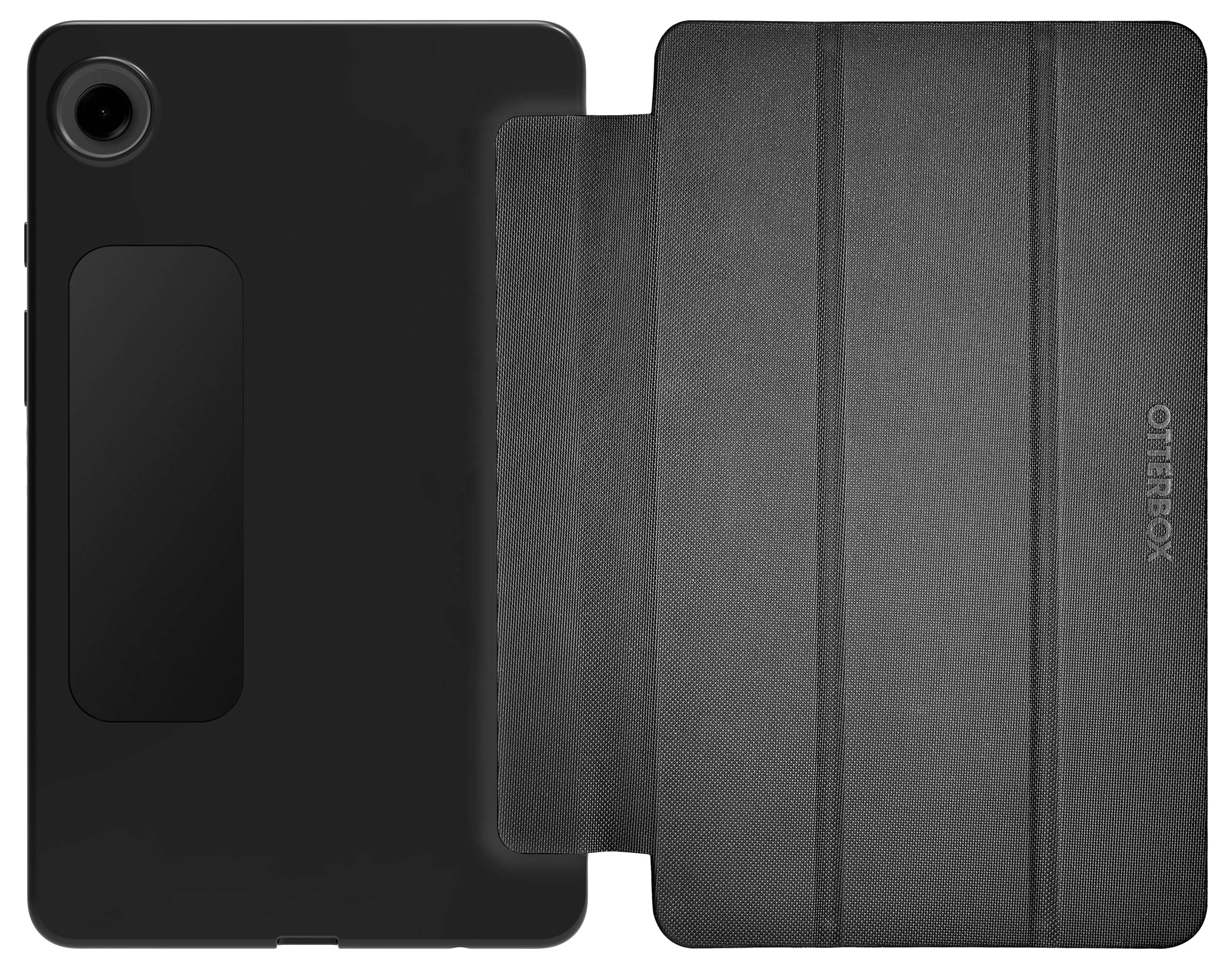 Černý tablet v ochranném pouzdře OtterBox s otevřeným trojitě skládaným krytem, který chrání zařízení.