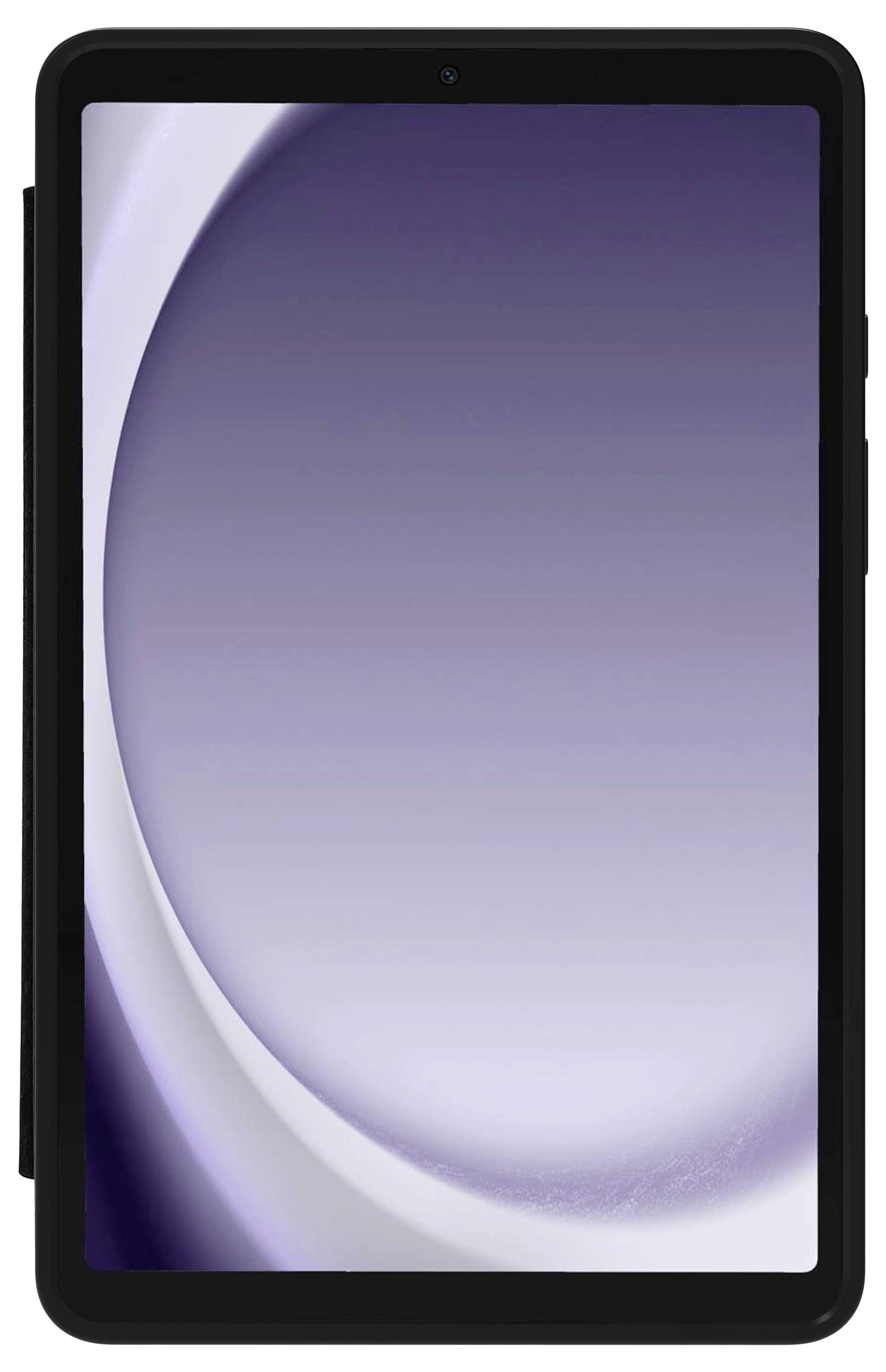 Tablet s černým tělem, na jehož obrazovce je fialově gradované pozadí.