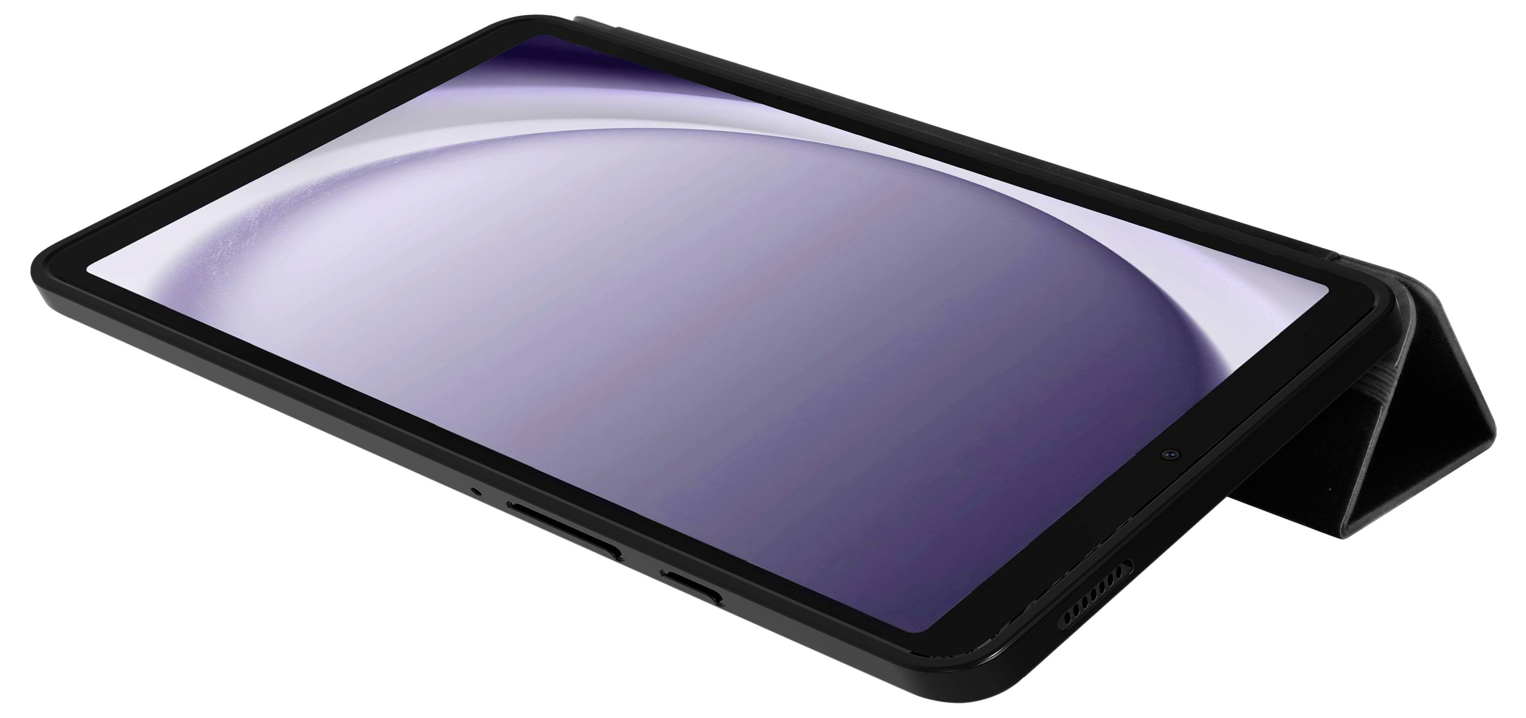 Tablet s otevřeným ochranným pouzdrem stojí šikmo na stole. Na obrazovce je zobrazený abstraktní fialový vzor.