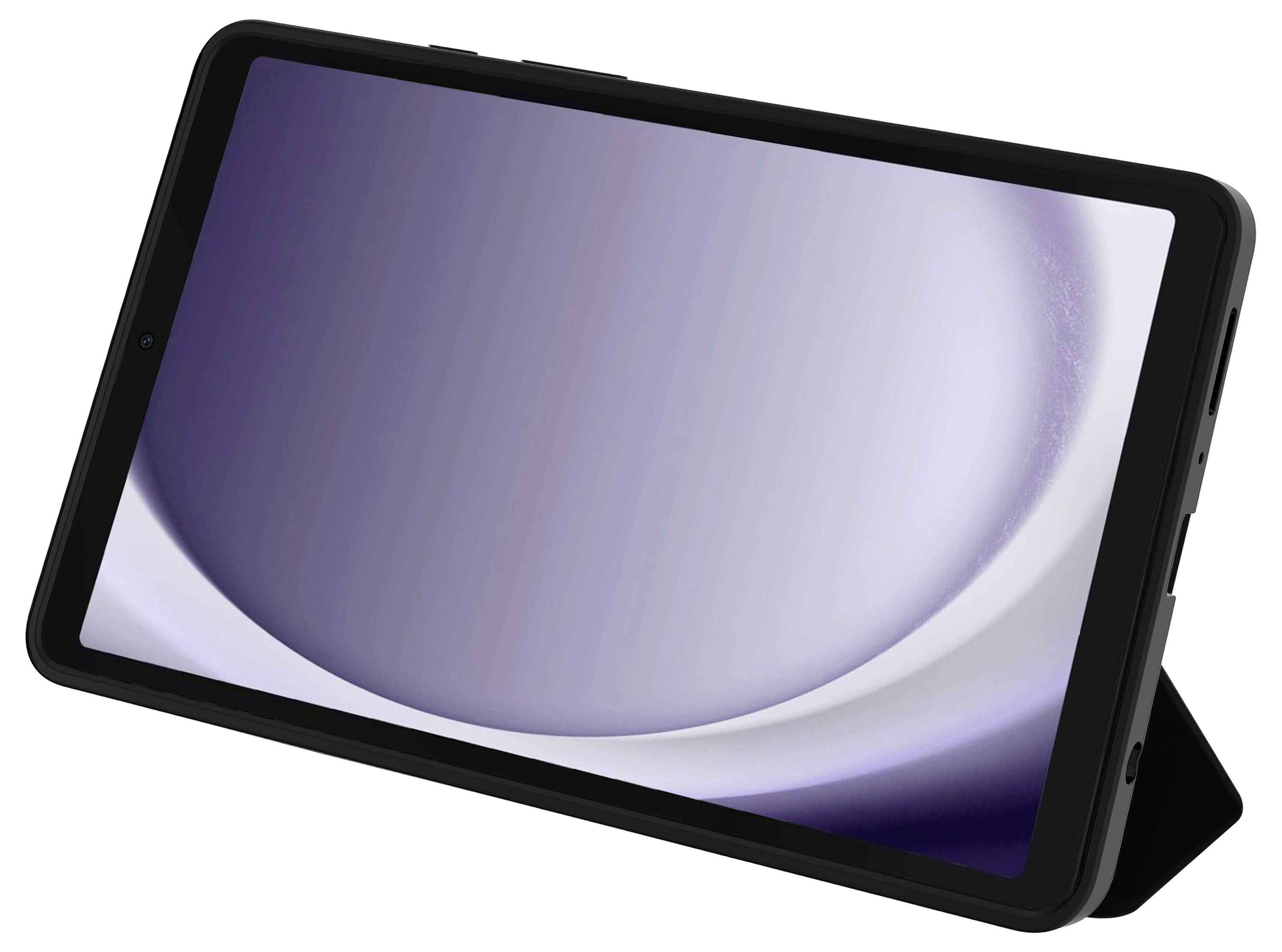 Tablet s černým rámečkem stojí na stojanu. Na obrazovce je vidět abstraktní vzor v odstínech fialové a bílé.