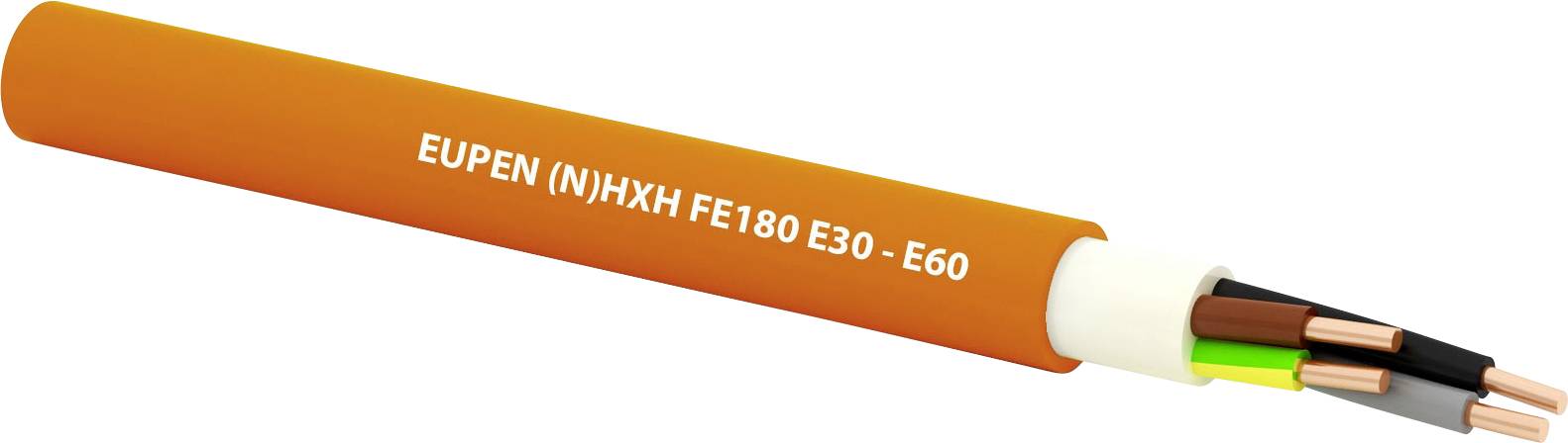 Oranžový kabel s označením 'EUPEN (N)HXH FE180 E30 - E60', částečně zbavený izolace, ukazuje vodiče v různých barvách.