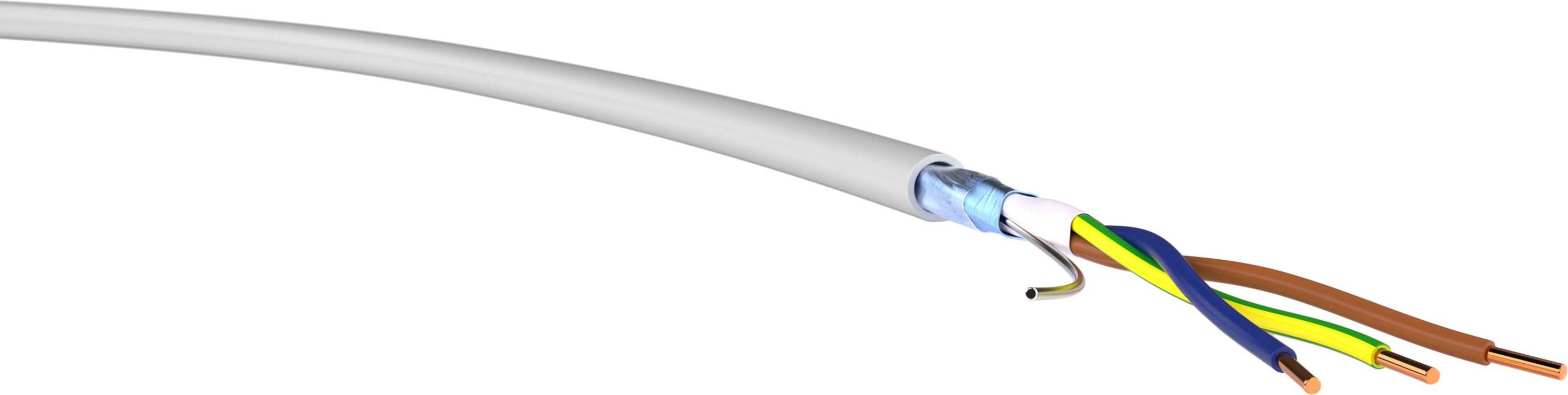 Elektrický kabel s izolovanými měděnými vodiči v různých barvách (modrá, hnědá, zeleno-žlutá) vyčnívá z šedého pláště.