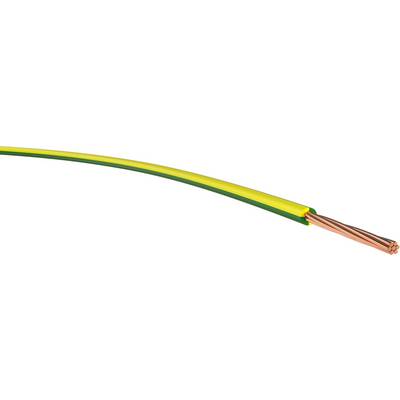 Izolovaný elektrický vodič se zeleno-žlutým pláštěm a odkrytým měděným vodičem na jednom konci, vhodný pro uzemnění.