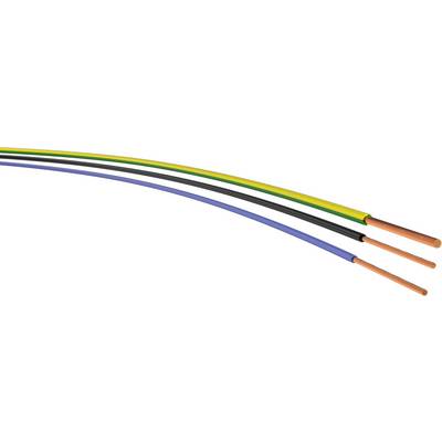 Tři izolované kabely v barvách žlutozelené, černé a modré s měděnými vodiči na jednom konci pro elektrickou instalaci.