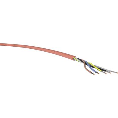 Červený kabel, z něhož vyčnívá několik barevných drátů. Dráty jsou v barvách hnědá, modrá, žluto-zelená, černá a šedá.