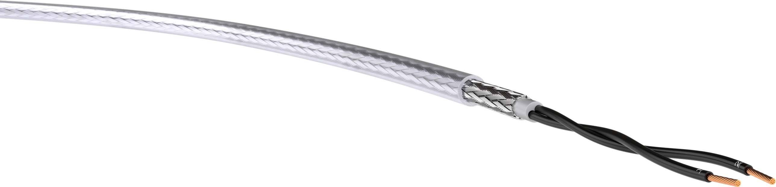 Volně uložený kabel se dvěma zkroucenými měděnými vodiči a stříbrným ochranným pláštěm, vhodný pro elektrické spoje.
