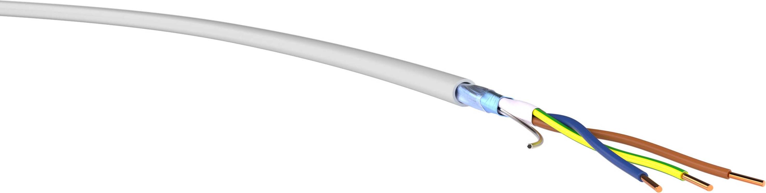 Otevřený elektrický kabel s několika barevnými vodiči, včetně zeleno-žlutého, modrého a hnědého, symbolizuje elektrické zapojení.