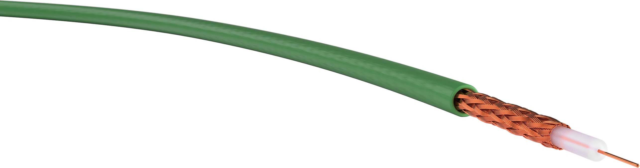 Zelený koaxiální kabel s měděným opletením.