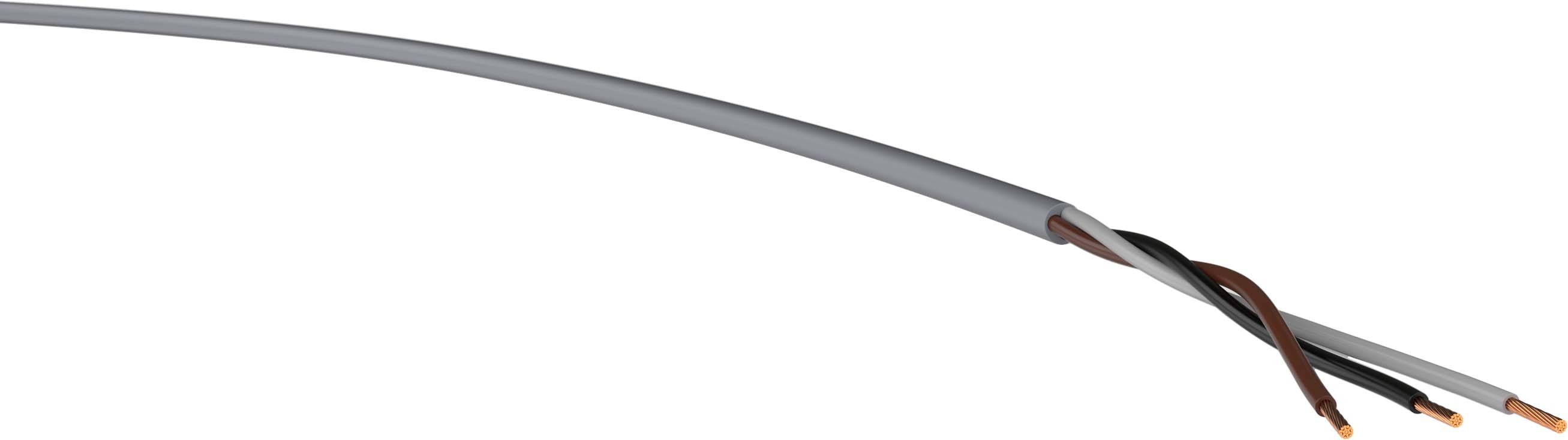Elektrický kabel se třemi vyčnívajícími měděnými vodiči, obalený šedou izolací.