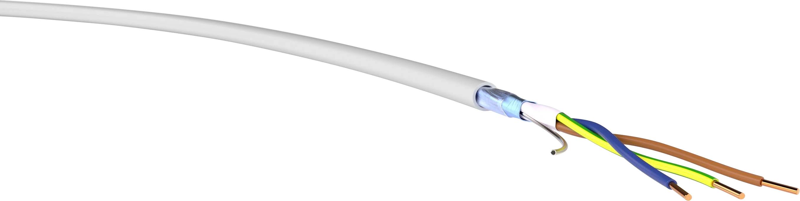 Otevřený elektrický kabel s barevnými vodiči: hnědý, žluto-zelený, modrý a šedý. Vhodný pro ilustraci zapojení kabelů.