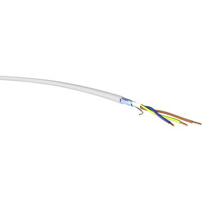 Otevřený elektrický kabel s barevnými vodiči: hnědý, žluto-zelený, modrý a šedý. Vhodný pro ilustraci zapojení kabelů.