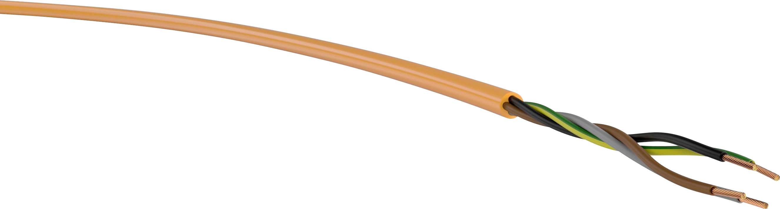 Oranžový kabel se třemi vnitřními vodiči různých barev: zeleno-žlutý, modrý a hnědý, které jsou částečně odhalené.