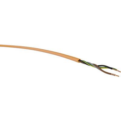 Oranžový kabel se třemi vnitřními vodiči různých barev: zeleno-žlutý, modrý a hnědý, které jsou částečně odhalené.