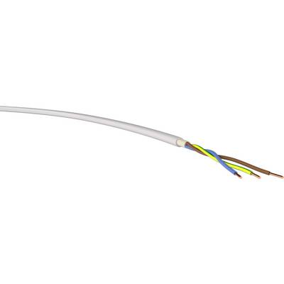 Elektrický kabel se třemi barevnými vodiči: hnědý, modrý a zeleno-žlutý. Ukazuje barvy vodičů pro fázi, nulový vodič a ochranný vodič.