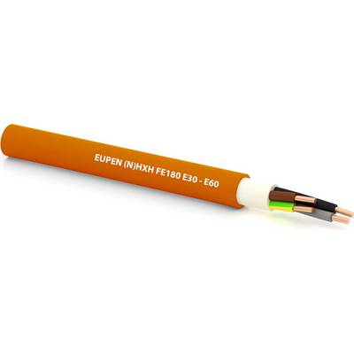 Oranžový kabel s nápisem 'EUPEN (N)HXH FE180 E30 - E60' odhaluje měděné vodiče s černou, zelenou a žlutou izolací.