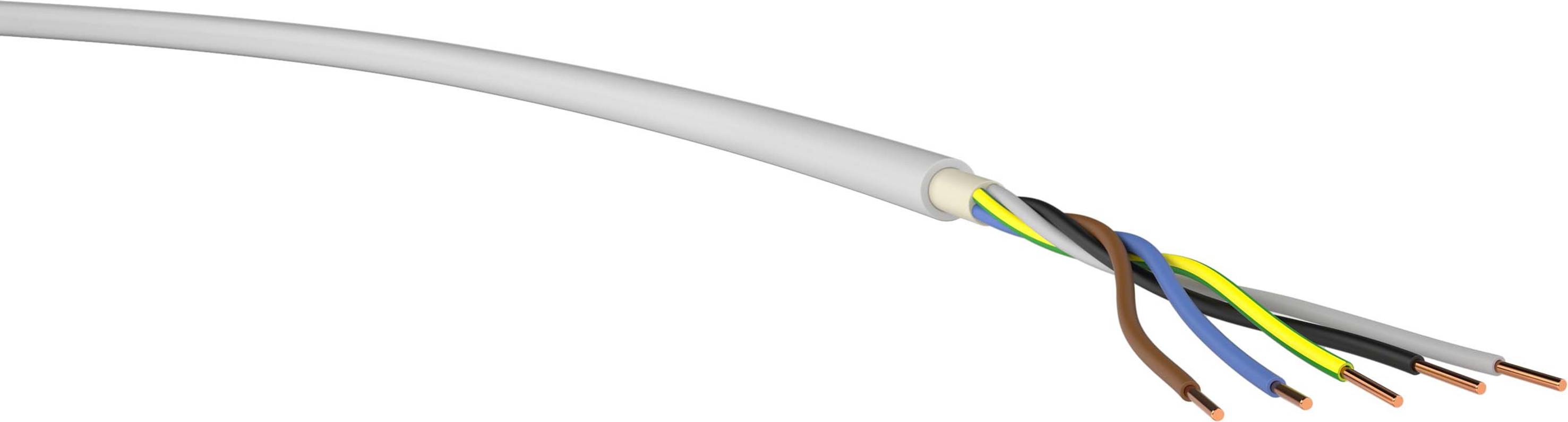 Elektrický kabel s pěti holými vodiči v barvách hnědá, modrá, žluto-zelená, černá a šedá, připravený k instalaci.