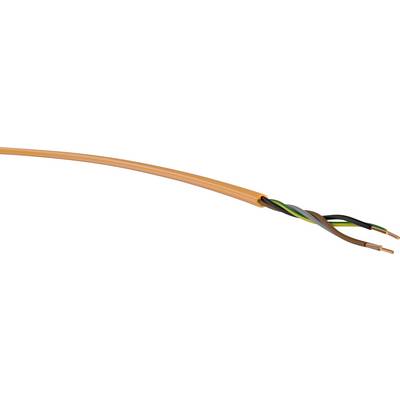 Oranžový kabel ukazuje tři volně položené vodiče v barvách zeleno-žluté, šedé a hnědé, což je typické pro elektroinstalace.