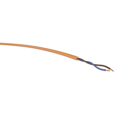 Kroucený kabel se dvěma vodiči, modrým a hnědým, v oranžovém plášti.