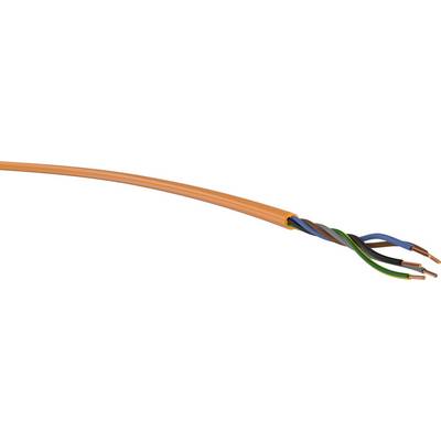 Oranžový kabel s pěti otevřenými měděnými vodiči: hnědý, modrý, černý, zeleno-žlutý a šedý. Zobrazena je elektronická komponenta.