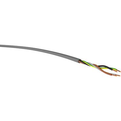 Šedý elektrický kabel se čtyřmi nezakrytými vodiči v barvách hnědá, modrá, žluto-zelená a černá.