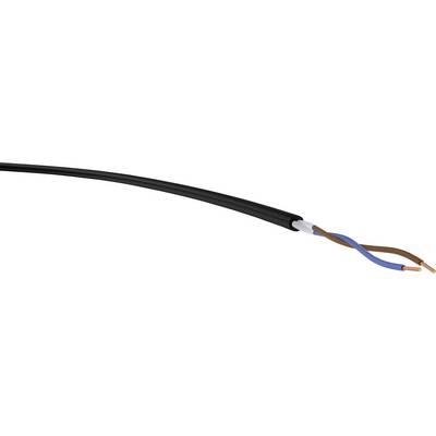 Černý kabel s dvěma odhalenými barevnými vodiči, modrým a hnědým, ukazuje otevřený konec elektrického kabelu.