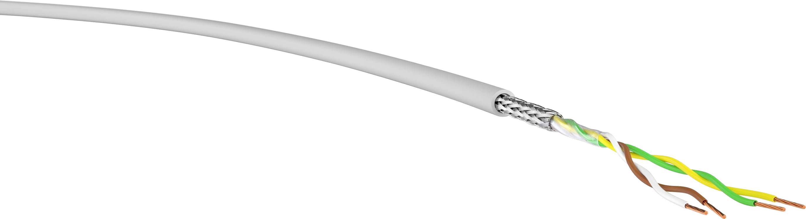 Nechráněný kroucený párový (UTP) kabel s odkrytým koncem, který ukazuje čtyři barevné vodiče: zelenou, žlutou, bílou a hnědou.
