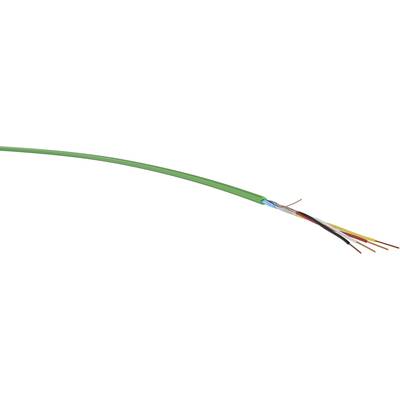 Otevřený zelený kabel ukazuje několik barevných vnitřních vodičů, které jsou částečně odhalené.