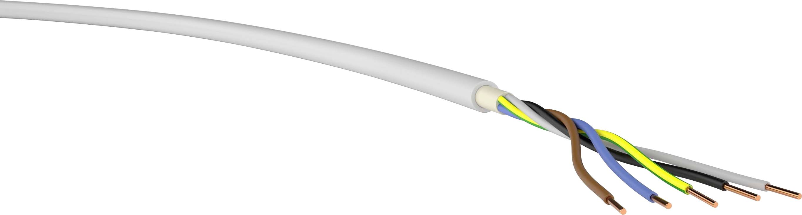 Pětižilový kabel s částečně odizolovanými konci. Jednotlivé vodiče jsou barevně označeny: žlutozelený, modrý, hnědý, černý a šedý.