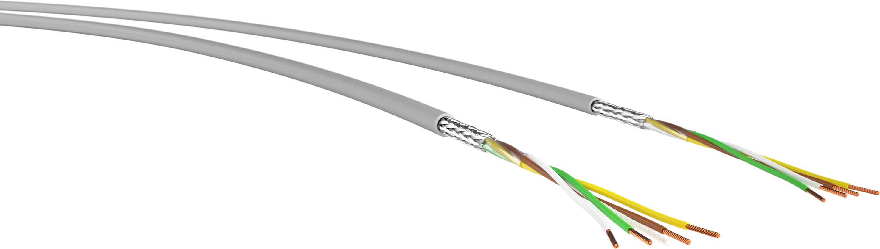 Šedý elektrický kabel rozdělený na několik barevných vodičů, včetně zelené, žluté, bílé a hnědé.