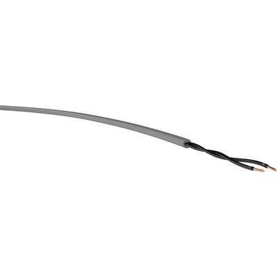 Šedý opláštěný kabel se dvěma vyčnívajícími černými vodiči, které jsou na koncích odizolované.