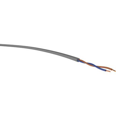 Dvoužilový elektrický kabel s šedým pláštěm, zakončený modrým a hnědým vodičem, často používaný v domovních elektroinstalacích.