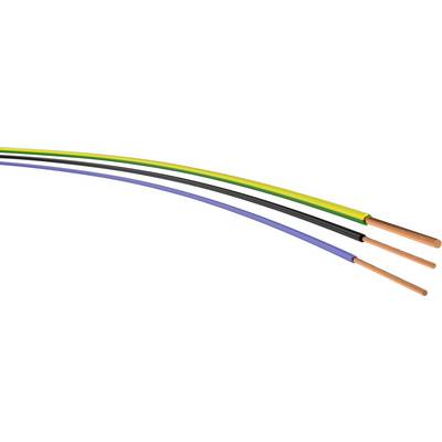 Tři elektrické kabely: černý, modrý a žluto-zelený, ukazují izolované měděné vodiče.