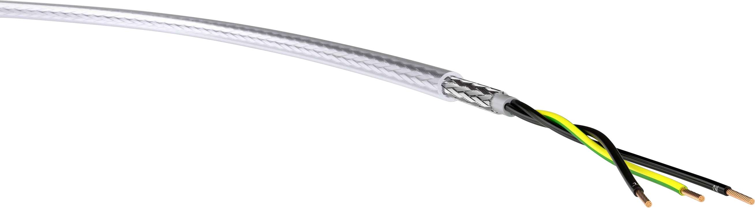 Elektrický kabel se třemi viditelnými barevnými vodiči v černé, žluto-zelené a hnědé barvě, z části vyčnívajícími z izolace.