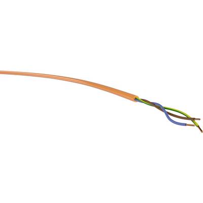 Oranžový, částečně izolovaný elektrický kabel se třemi vyčnívajícími vodiči v různých barvách: modrá, hnědá a žluto-zelená.