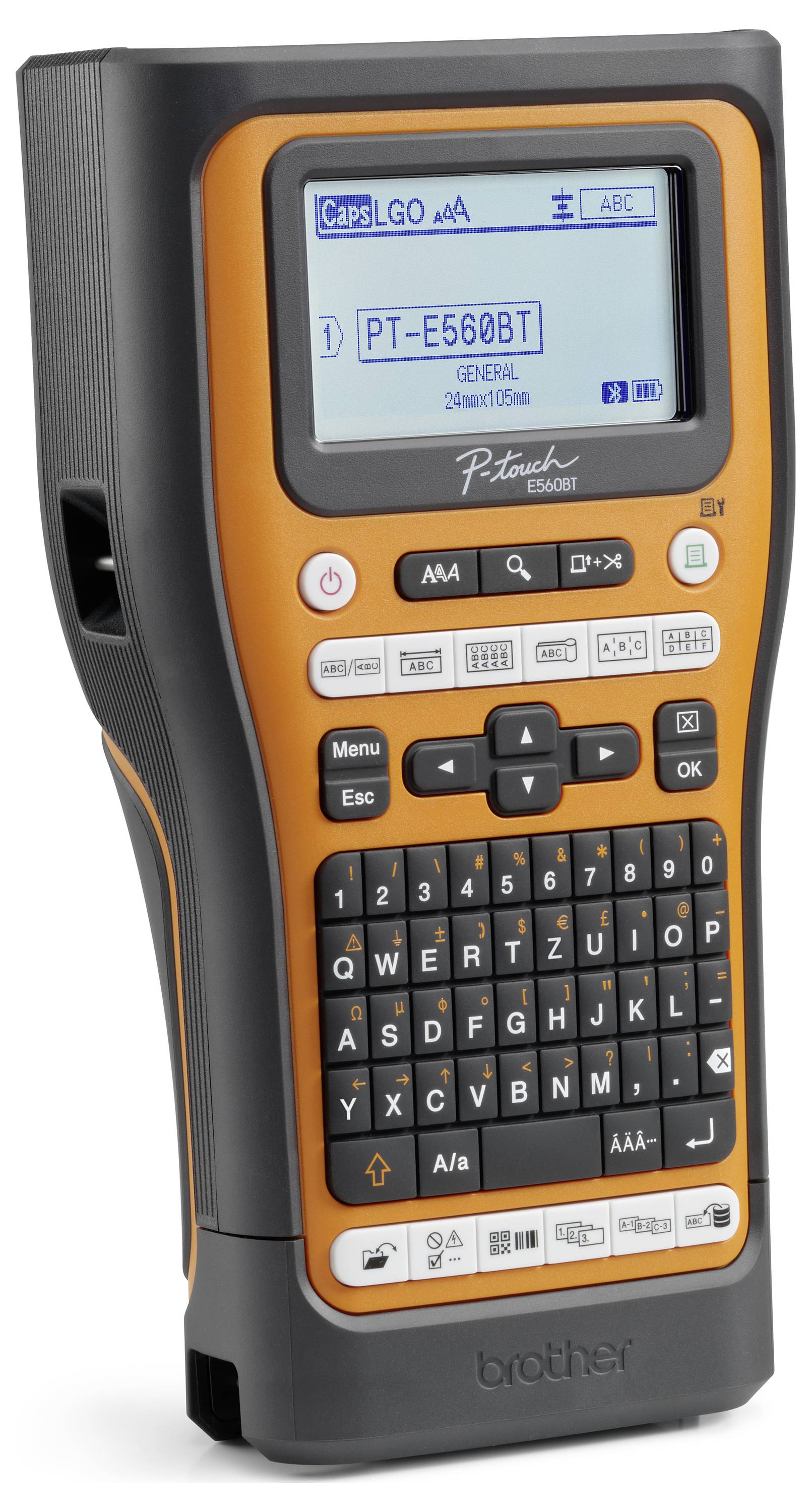 Přenosné štítkovací zařízení s LCD displejem, na kterém je zobrazeno 'PT-E560BT'. Klávesnice s numerickými a abecedními tlačítky.