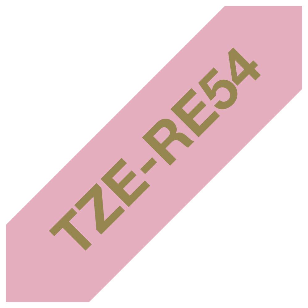Růžový štítek s nápisem 'TZE-RE54' hnědými písmeny.