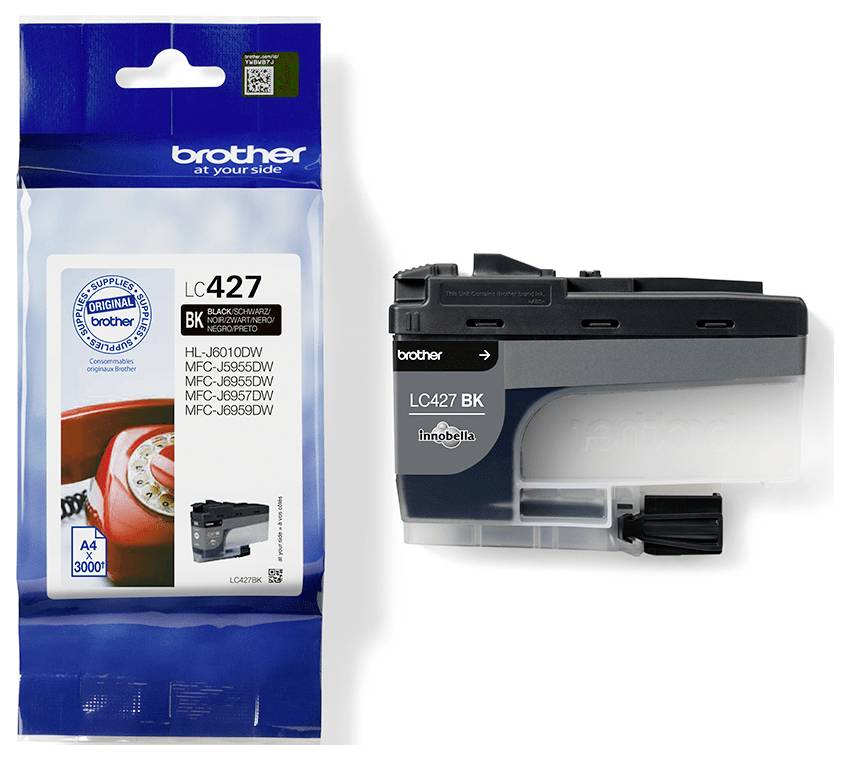 Černý inkoustový zásobník Brother LC427 BK s obalem; kompatibilní s několika modely tiskáren Brother.