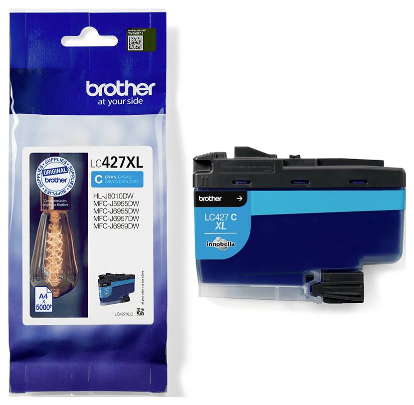 Inkoustový válec Brother LC427XL azurový; zobrazený obal a zásobník; kompatibilní s modely HL-J6010DW, MFC-J6955DW.