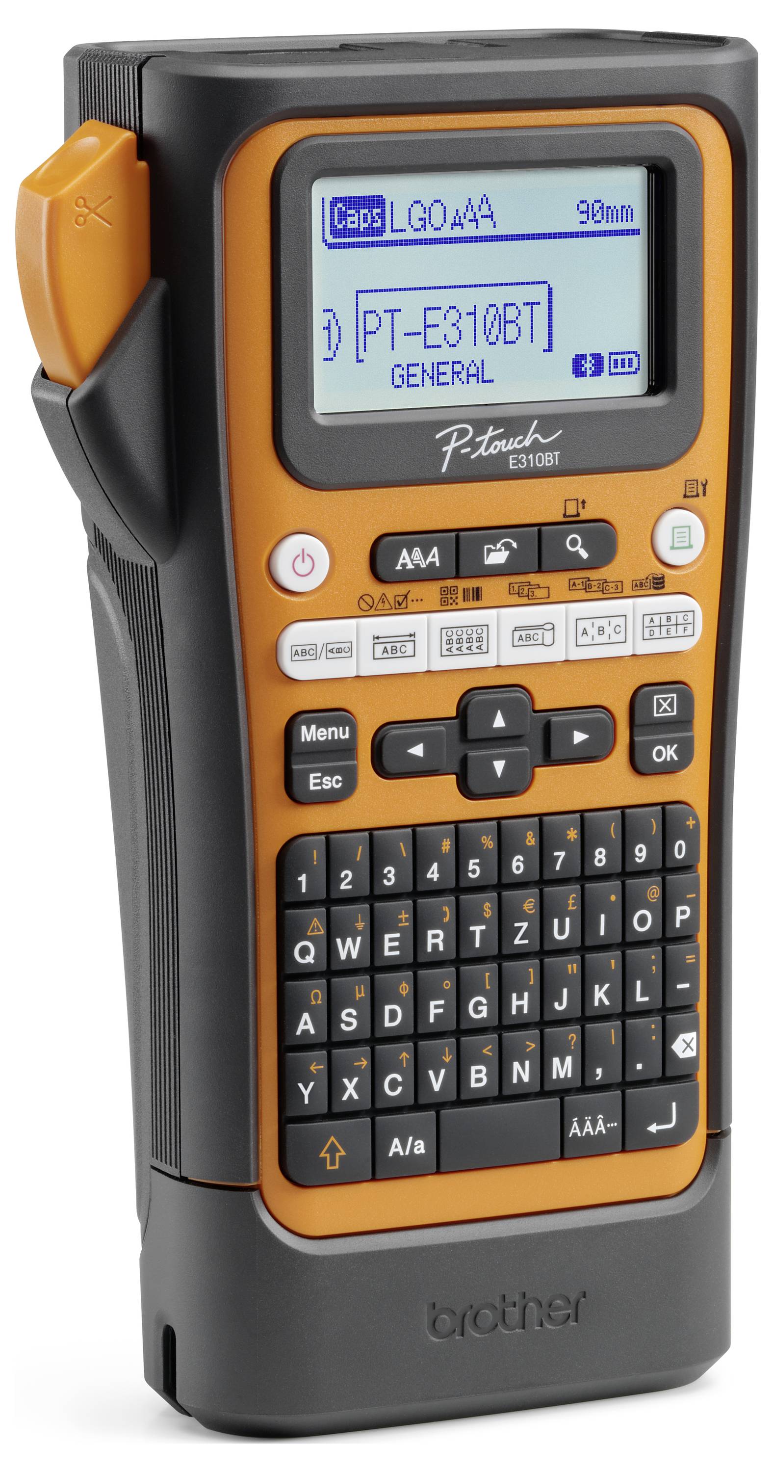 Přenosné štítkovací zařízení v černé a oranžové barvě s klávesnicí QWERTZ, LCD displejem a funkčními tlačítky. Model: P-touch E310BT.