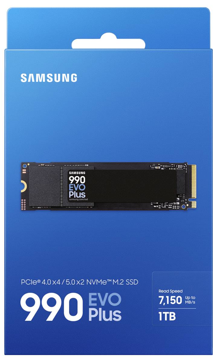 Samsung 990 EVO Plus 1TB NVMe SSD balení, nabízí rychlost čtení až 7.150 MB/s.