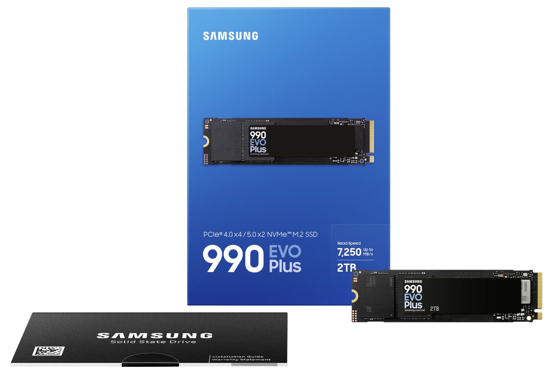 Samsung 990 EVO Plus NVMe SSD o kapacitě 2 TB je zobrazena před svým modrým obalem s technickými specifikacemi.
