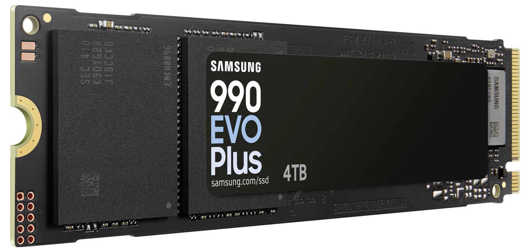 NVMe SSD o kapacitě 4 TB, s názvem značky a modelu 'Samsung 990 EVO Plus' viditelným na štítku.