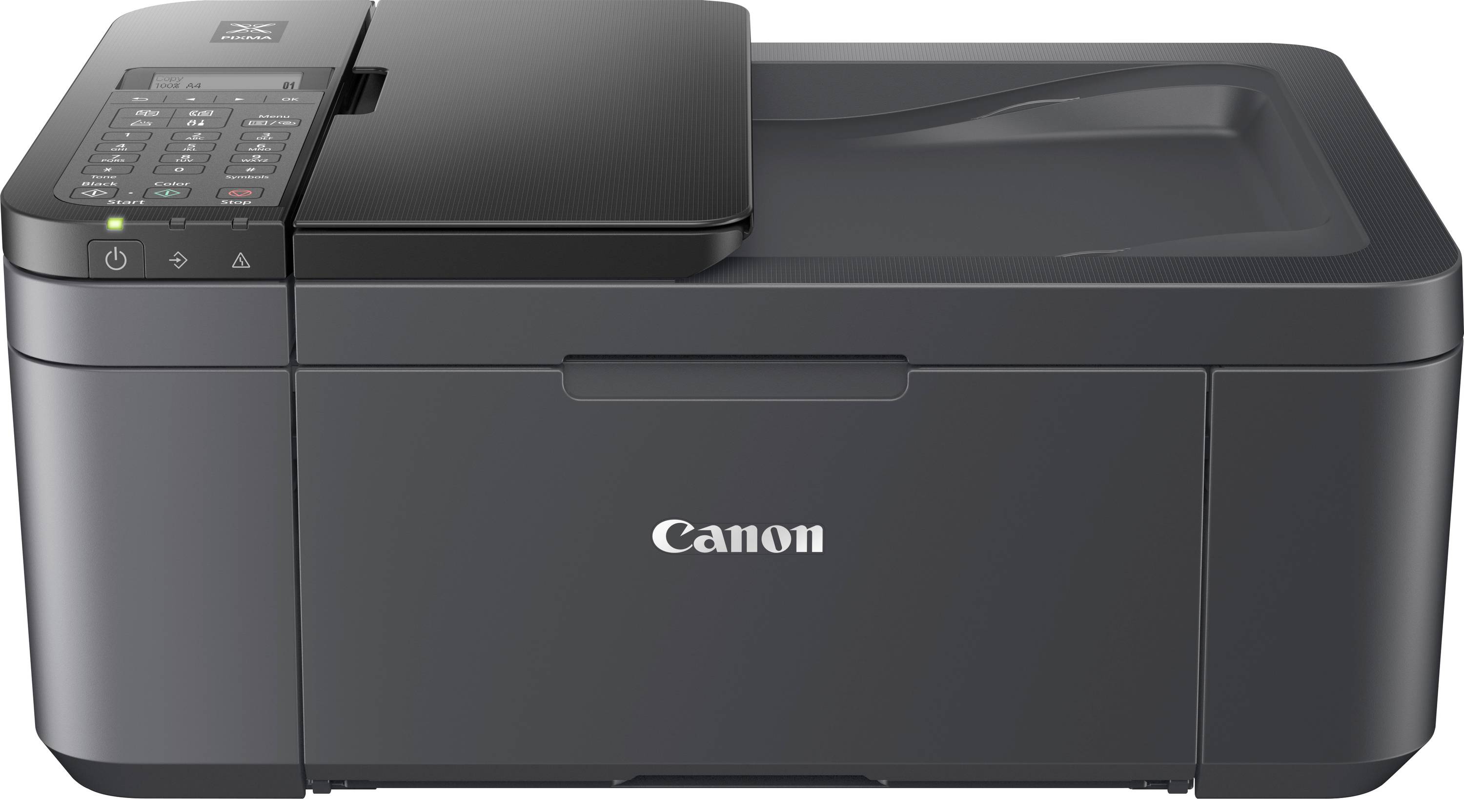 Černošedá tiskárna Canon s funkcí skenování a kopírování, ovládací panel v levém horním rohu, firemní logo uprostřed přední strany.
