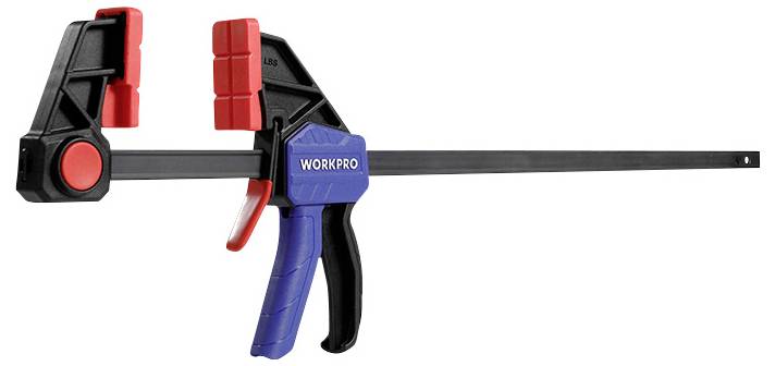 Obrázek ukazuje modrou a červenou rychloupínací svěrku s ergonomickou rukojetí. Vhodná pro upevňování materiálů.