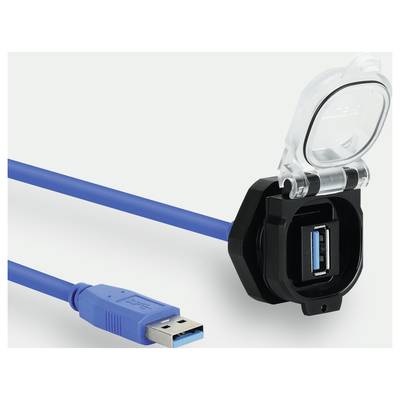 Modrý USB kabel se zástrčkou a zásuvkou; průhledný kryt na zásuvce; vhodný pro přenos dat a napájení.
