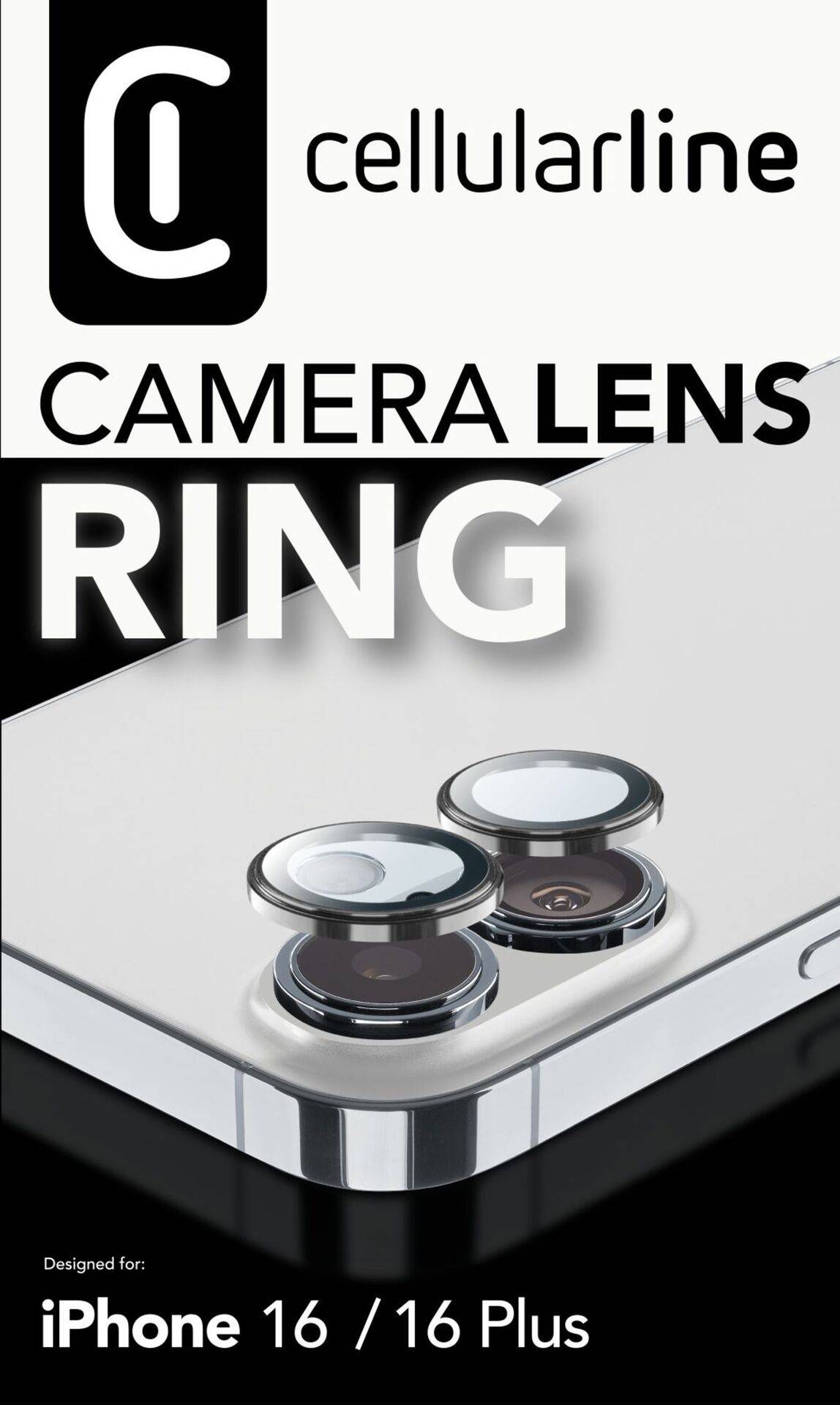 Detailní záběr ochranného prstence kamery smartphonu na iPhonu 16. Jsou zobrazeny dva kryty čoček. Značka 'Cellularline'.