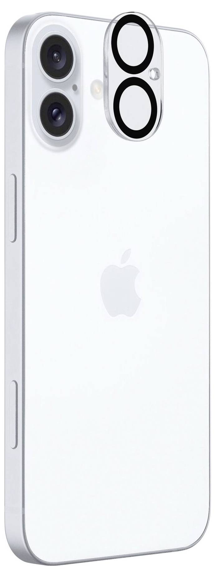 Smartphone s bílým tělem, zaměřené na duální kamerový modul na zadní straně. Uprostřed viditelné logo Apple.